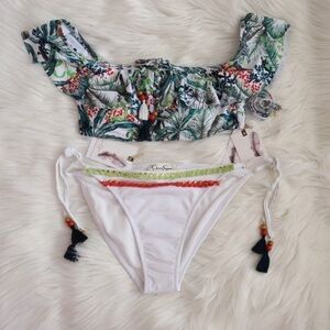 NWT Jessica Simpson White Green Tropical Print Bikini Swim Set Size XL